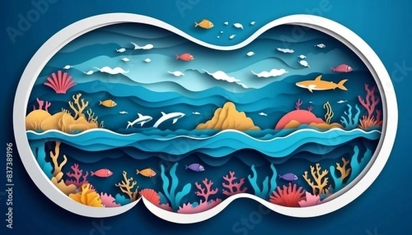 Fototapeta Poster campaign of world ocean day and scene of under the sea and ocean in a global shape with layers paper cut style and vector design, digital illustration created with generative ai.