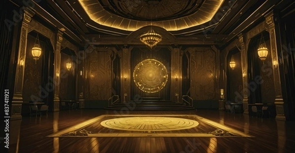 Obraz cyberpunk palace ballroom theatre hall. futuristic abandoned sci-fi neon cyber amphitheater auditorium empty room. royal dance hall in noble mansion interior.	
