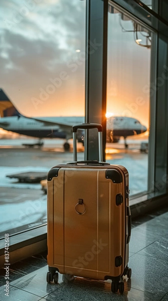Fototapeta a Suitcases in airport near the wide windows, Travel concept , behind the suitcase an airplane outside standing, in the background, white colors