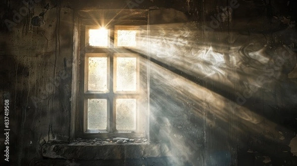 Fototapeta Cross-shaped beams of light shining through a rustic window, evoking spirituality