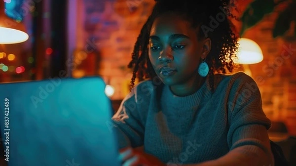 Fototapeta User interacting with a laptop to find information on smart Open AI technology, with a focused expression