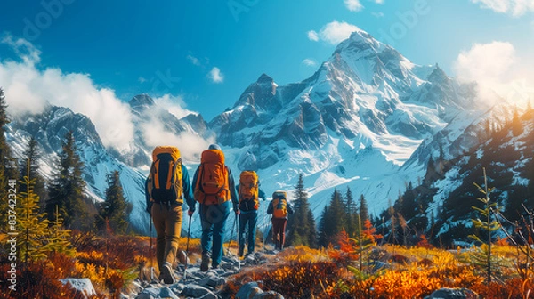 Fototapeta Hikers with backpacks trekking towards snow-capped mountains through vibrant autumn foliage under a clear blue sky