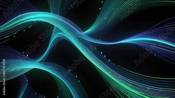 Fototapeta Abstract periwinkle and green waves on black background, digital and futuristic