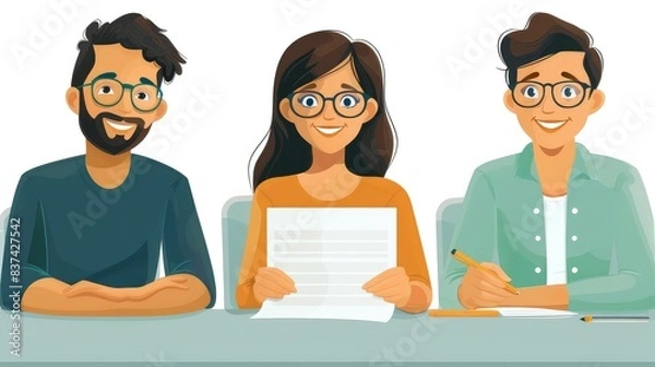 Fototapeta Productive Business Meeting: Cartoon Illustration of Three Business People Discussing a Contract