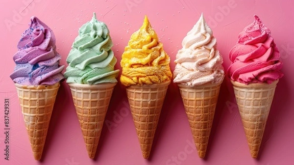 Fototapeta Colorful Ice Cream Cones: A Vibrant Array of Ice Cream Cones on a Pink Background