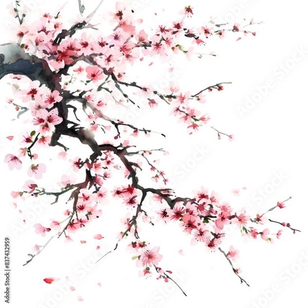 Fototapeta Elegant Sakura Watercolor Branches: Delicate Cherry Blossoms Artfully Positioned on a Transparent Background for Graceful Design Use.