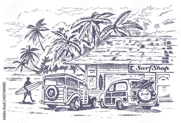 Obraz Hand drawn illustration of coastal landscape with surf shop. Art in a laid-back style for prints on t-shirts, decoration, etc.