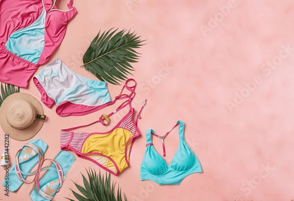 Obraz summer holiday background, Banner on vibrant pink backdrop with Shorts, big sun hats, Bikini tops, flip flops, floaties, colorful nail
polish and cheerful accessories like a beach towel, Generative AI