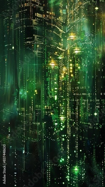 Fototapeta Futuristic digital cityscape in green hues with glowing lights and matrix-like code, illustrating advanced technology and cyberpunk aesthetics.