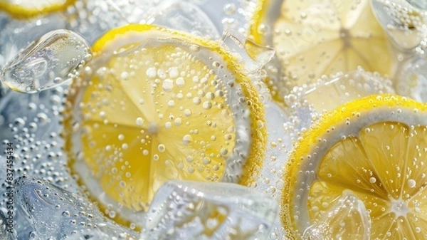 Fototapeta Slices of lemon in sparkling water with ice, refreshing drink