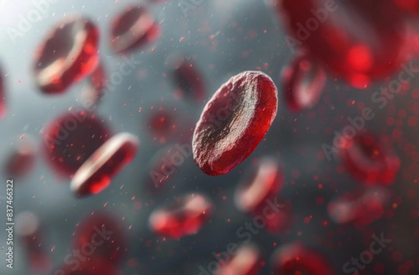 Obraz Red and blue cells floating in the background, with red and white cell particles moving around. A close up illustration in the style of medical technology.