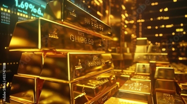 Fototapeta A variety of gold bars neatly stacked beside a digital screen showing live gold prices, symbolizing wealth, investment, and financial market dynamics.