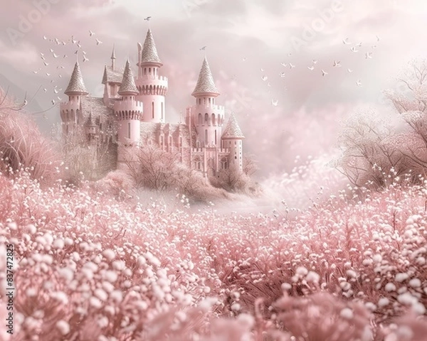 Obraz Enchanting pink fairy tale castle surrounded by blooming flowers in a dreamy landscape, perfect for fantasy scenes and magical stories.