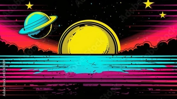 Fototapeta Digital retro landscape 1980's style retro wave sunset and mountain. Futuristic cyber surface. 80s Retro Sci-Fi background. View illustration in retro futuristic in the style of the 80-90s.