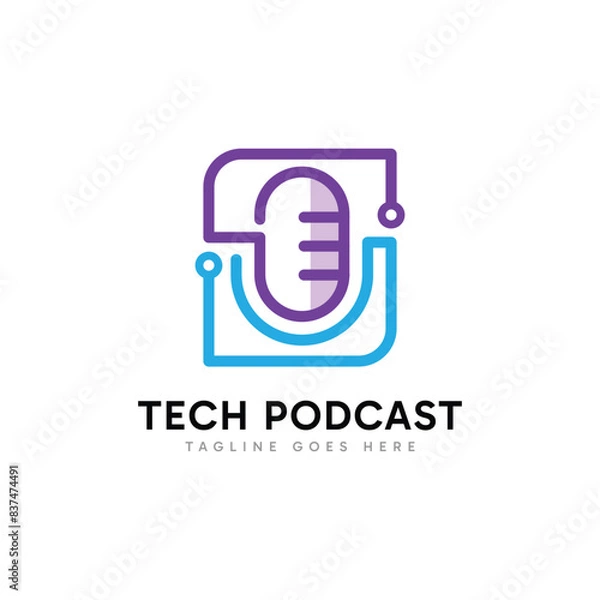 Fototapeta Tech Podcast logo design. Minimalist microphone and digital tech element combination design concept.