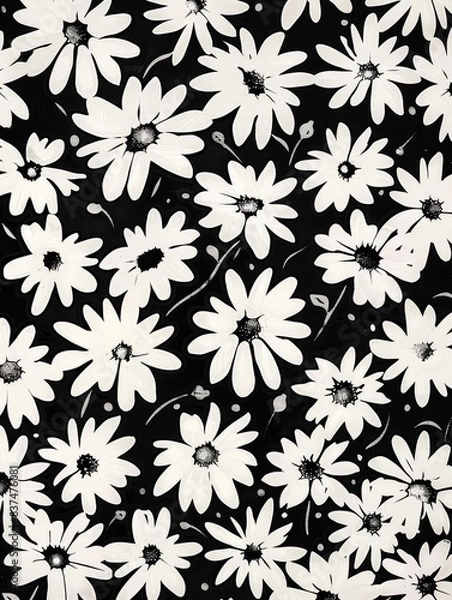 Obraz Seamless pattern of white daisy flowers on a black background, perfect for textile, wallpaper, or surface design.