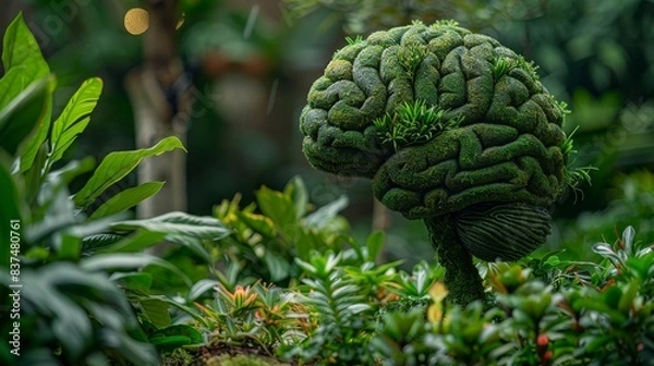 Fototapeta Lush brain-shaped topiary amid diverse plants in an eco-friendly garden, symbolizing green living and environmental consciousness