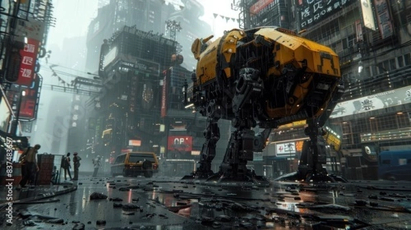 Fototapeta modern robots in a dark cyberpunk city, AI generated image