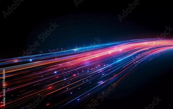 Fototapeta speed light line motion blur on dark background, data transfer simulation, very beautiful blue to red lights