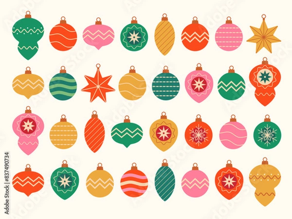Fototapeta Vector set of Christmas tree ornaments isolated on white background. Colorful vivid Christmas balls in red, green, gold and pink colors.