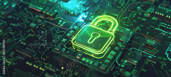 Fototapeta HTTPS lock icon on browser bar, secure connection, green padlock, top view, showcasing internet safety, digital tone, vivid color scheme.