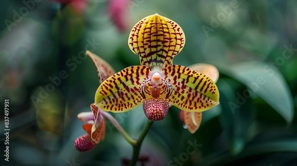 Fototapeta a close - up of a yellow orchid flower with a green leaf in the background