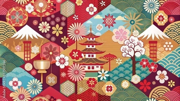 Fototapeta A Beautiful Seamless Pattern With Traditional Japanese Elements Such As Mt. Fuji, Cherry Blossoms, Pagodas And More.