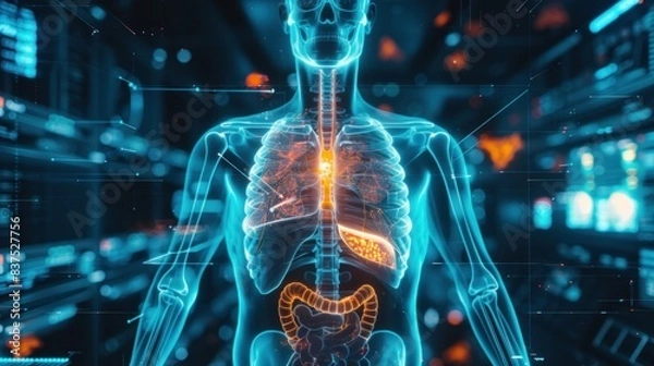Fototapeta A human sternum isolated with a 3D hologram, representing a medical concept using new technology.