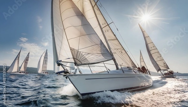 Fototapeta Sailboats racing on the open sea under a bright sun, capturing the excitement and skill of a sailing competition. 