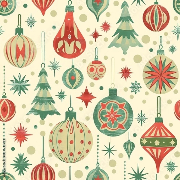 Fototapeta A seamless pattern showcasing vintage-style Christmas ornaments and wrapping paper, intricately designed for a nostalgic holiday feel
