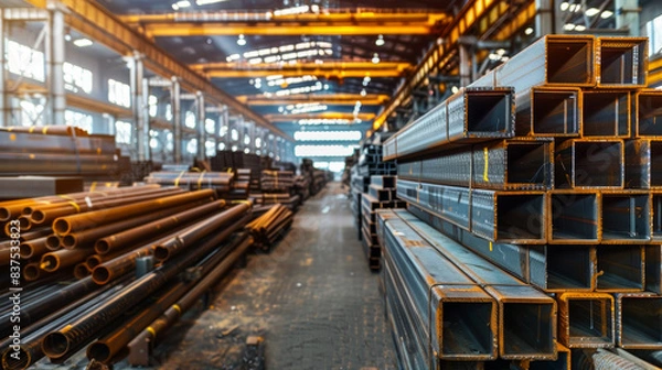 Fototapeta A large warehouse with many steel pipes stacked up