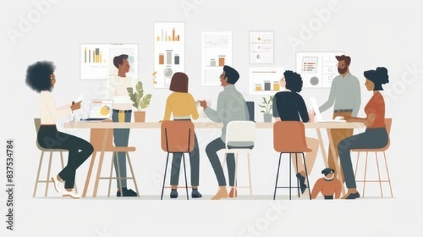 Fototapeta flat vector illustration of office in a relaxed business team meeting atmosphere