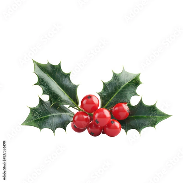 Fototapeta Close-up of vibrant red holly berries with glossy green leaves on a white background. Perfect for holiday and seasonal themes. transparent backgrounds