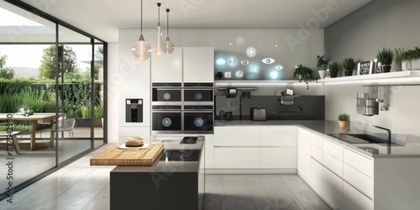 Fototapeta Modern kitchen with appliances that have visible electric interfaces and controls generated by AI