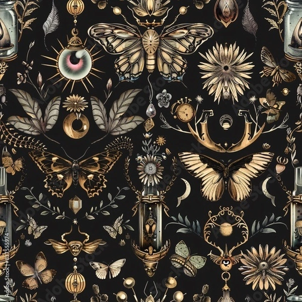 Fototapeta A seamless pattern showcasing detailed depictions of magical creatures, enchanted jewelry, and spell bottles