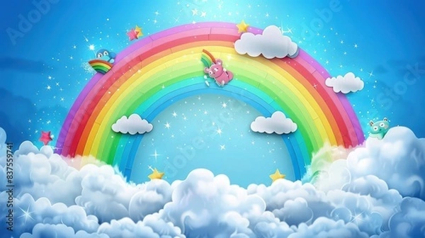 Fototapeta Kawaii characters sliding down a vibrant rainbow surrounded by fluffy clouds in a bright blue sky. The paper art style adds depth and texture to the joyful scene.
