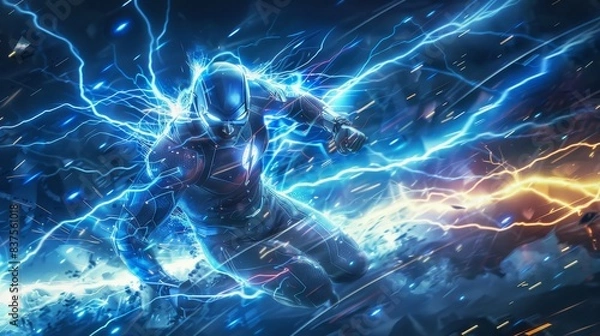 Fototapeta Superhero with the ability to control electricity, in mid-action with electric arcs around them generated by AI
