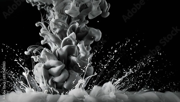 Fototapeta Monochrome ink drop spreading in water against a dark background, forming intricate patterns and textures. The black and white contrast highlights the fluid motion and delicate shapes. 
