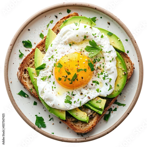 Fototapeta A delicious avocado toast topped with a fried egg and sprinkled with fresh herbs. Perfect for a healthy and nutritious breakfast., transparent background