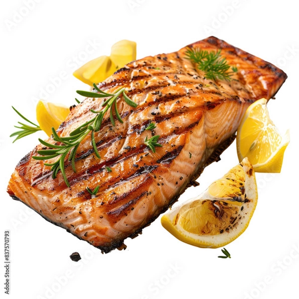 Fototapeta Grilled salmon fillet with herbs and lemon slices on a white background, high-quality gourmet dish, healthy seafood meal., transparent background
