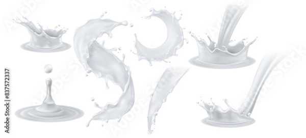 Fototapeta Set of Delicious Close-up High-Quality 3D Rendering Milk Pouring Swirl Splash, A Cascading Splash of Milk and Cream, Isolated mockup for graphic design, Cut out, isolated on transparent background. 