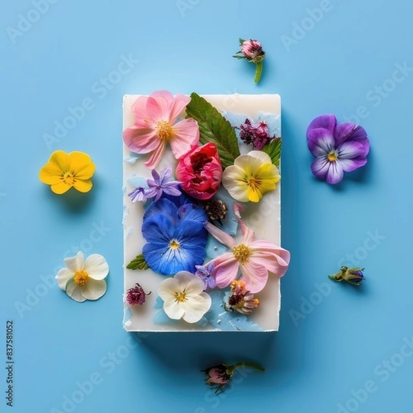 Obraz Natural handmade soap on a blue background. Soap with delicate spring flowers. Cosmetic product, skin care.