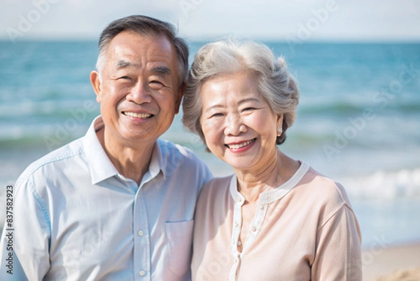 Obraz ビーチで微笑む日本のアジア人シニアカップル
