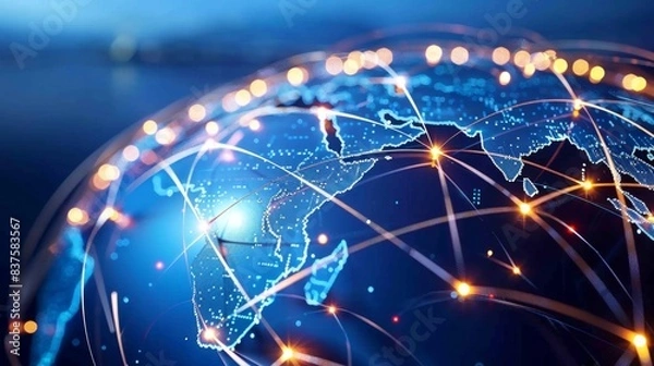 Fototapeta Earth from space with digital network lines and data paths in a cyber-tech design