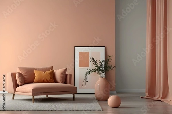 Fototapeta Peach fuzz ,empty room ,minimal interior livingroom. peach color paint wall. color of the year 2024 . Mockup background. 3d render