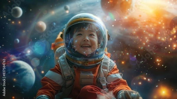Fototapeta Happy Asian Boy Wearing Spacesuit Riding Fairy Tale Like Toy Rocket with Background of Planets in Universe Starry Sky Concept Imaginative Adventure.