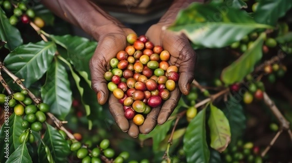 Obraz Close-up of a farmer's hands holding a handful of coffee beans.