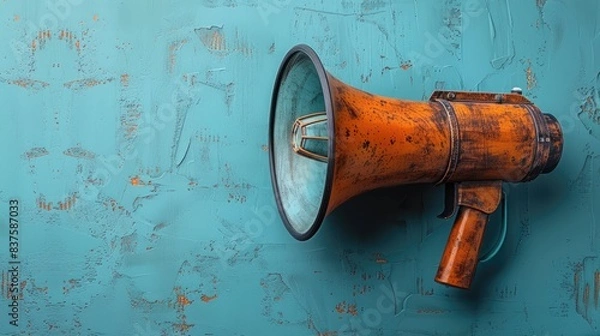Obraz Old-fashioned orange megaphone mounted on a distressed turquoise wall, combining vintage charm with a modern artistic touch.
