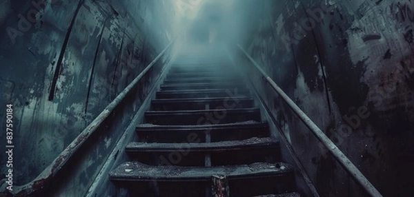 Fototapeta A dark and mysterious staircase leading into the fog.
