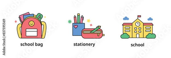 Fototapeta Objects for school education. School bag, pencil case and school building. outline simple vector illustration.